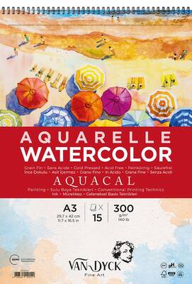 Aquacal Coldpres A3 Üstden Spiralli Suluboya Blok 15 Yaprak İnce Dokulu